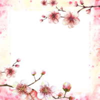 Blossoming branch from cherry tree Spring card template on watercolor splashes background hand drawn png