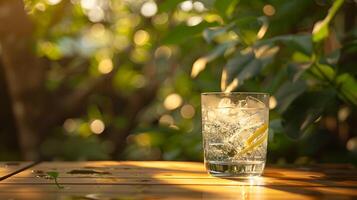 ai generado refrescante con hielo limonada con limón y menta capturado en de cerca con atención en condensación foto