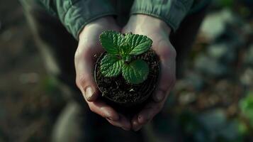 AI generated Person Holds Potted Plant in Soft Light Emphasizing Tranquil Natural Atmosphere photo