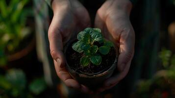 AI generated Tranquil Moment Person Embraces Potted Plant Bathed in Soft Natural Light photo