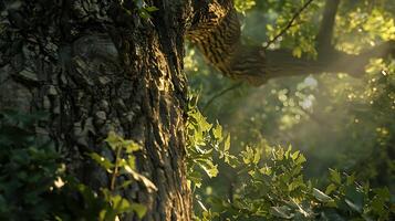 AI generated Majestic Oak Tree Enveloped in Sunlight Captured with Intricate Detail and Lush Foliage photo