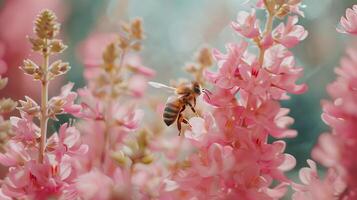 AI generated Busy Bee Captured in Vibrant Garden Setting with Soft Focus Background photo