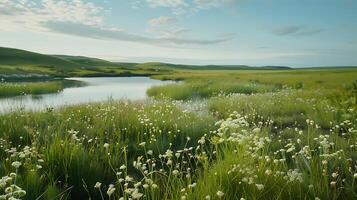 AI generated Tranquil Field of Tall Grass and Wildflowers Reflecting Pond and Blue Sky Captured with Wide 24mm Lens photo