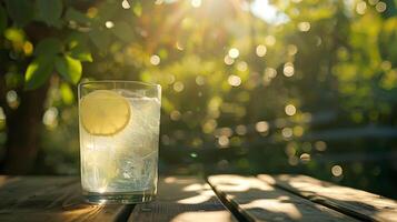 AI generated Iced Lemonade Refreshment Closeup Glass with Lemon and Mint Capturing Condensation in Soft 50mm Focus photo