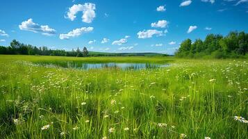 AI generated Tranquil Meadow Wide Shot of Lush Grass Wildflowers and Pond Captured with 24mm Lens photo