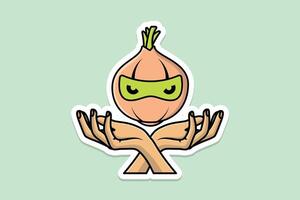 cebolla ninja con manos pegatina vector ilustración. comida naturaleza icono concepto. cebolla ninja dibujos animados personaje pegatina diseño. creativo ninja cebolla y manos logo diseño.