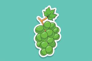 Green Grapes Sticker design vector illustration. A bunch of grapes fruit. Beautiful grapes with green leaf sticker design logo with shadow.