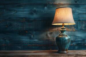 AI generated Vintage table lamp on wooden background, banner, copy space photo