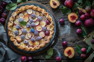 AI generated Top view banner with round plum pie photo