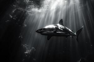 AI generated Black and white photo of a shark underwater, selective focus