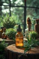 AI generated Dropper bottle with green cannabis leaves, personal care, decorative care cosmetics, selective focus photo