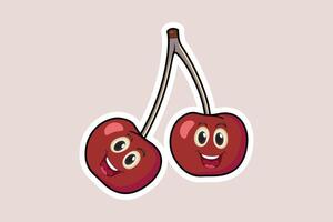 Cute cherry cartoon character with mouth open and happy logo sticker design vector. Food objects icon concept. Cherry sticker design logo icon. vector