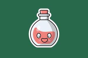 Potion Bottle with Cartoon Character Sticker vector illustration. Science object icon concept. Handsome cartoon with Potion sticker vector design. Cartoon character drink design.