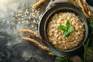 AI generated Close up top view of a plate of oatmeal photo