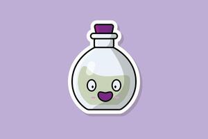 poción botella con dibujos animados personaje pegatina vector ilustración. Ciencias objeto icono concepto. riendo dibujos animados con poción pegatina vector diseño.