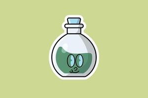 Potion Bottle with Cartoon Character Sticker vector illustration. Science object icon concept. Handsome cartoon with Potion sticker vector design. Cartoon character drink design.