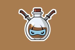 poción botella con ninja dibujos animados personaje pegatina vector ilustración. Ciencias objeto icono concepto. hermoso ninja dibujos animados con poción pegatina vector diseño. dibujos animados personaje bebida diseño.