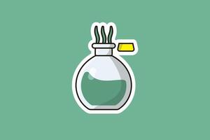 bruja poción botella pegatina vector ilustración. Ciencias objeto icono concepto. Víspera de Todos los Santos poción icono. Víspera de Todos los Santos bebida pegatina diseño. botella de verde veneno pegatina vector diseño.