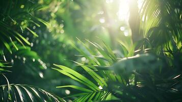 AI generated Vibrant Green Leaf in Focus Against Sunlit Forest Background photo