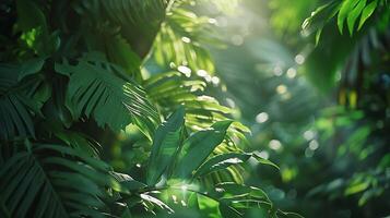 AI generated Vibrant Green Leaf in Focus Surrounded by Blurred Trees and Sunlight Filtering through Foliage photo