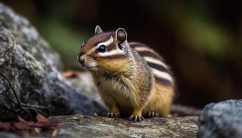 AI generated Cute chipmunk sitting on rock, eating grass in forest generated by AI photo