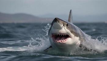 ai generado juguetón delfín saltos en el azul mar, salpicaduras con alegría generado por ai foto