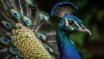 AI generated Majestic peacock displays vibrant colors in nature elegant dance generated by AI photo