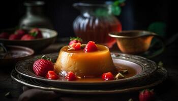 AI generated Freshness and sweetness on a wooden table, homemade berry cheesecake generated by AI photo