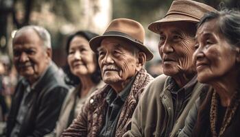 AI generated Active seniors enjoying leisure activities outdoors, smiling and looking at camera generated by AI photo