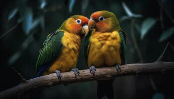 AI generated Two macaws perching on a branch, their vibrant feathers mesmerizing generated by AI photo