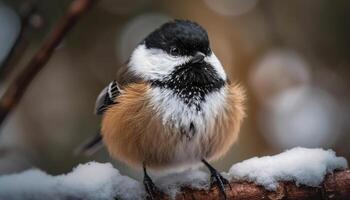 ai generado linda teta encaramado en rama, mirando a cámara en invierno generado por ai foto