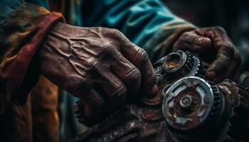 AI generated One skilled man repairing machinery in a dirty workshop generated by AI photo