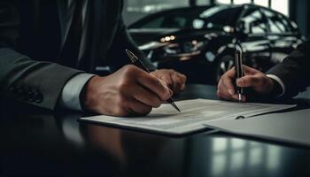 AI generated Successful businessman sitting at desk, signing important business contract generated by AI photo