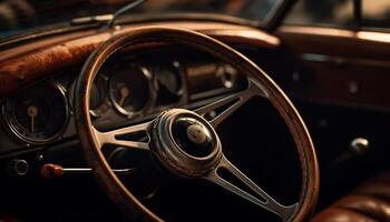 AI generated Close up of shiny chrome knob on old fashioned car dashboard generated by AI photo