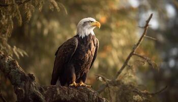 ai generado majestuoso calvo águila encaramado en rama, naturaleza belleza en atención generado por ai foto