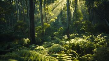 ai generado lozano bosque bañado en luz de sol 50 mm lente capturas natural belleza en suave ligero foto