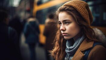 ai generado joven mujer en casual ropa caminando en el ciudad, sonriente generado por ai foto