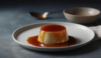 AI generated Homemade caramel dessert on yellow plate, ready to eat sweetness generated by AI photo