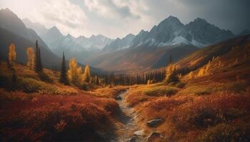 AI generated Majestic mountain peak, tranquil meadow, autumn yellow beauty generated by AI photo