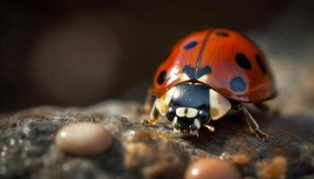 AI generated Small ladybug crawling on green leaf in the summer generated by AI photo