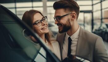 ai generado dos joven adultos, un hombre y mujer, sonriente adentro, trabajando juntos generado por ai foto