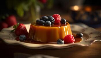 AI generated Fresh berry dessert on wooden plate, a summer indulgence generated by AI photo