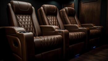 AI generated Comfortable leather seats in a modern movie theater auditorium generated by AI photo