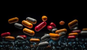 AI generated Healthcare and medicine Close up of multi colored prescription medicine capsules generated by AI photo