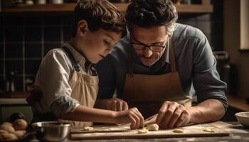 AI generated Father and son bonding, making homemade cookies in domestic kitchen generated by AI photo