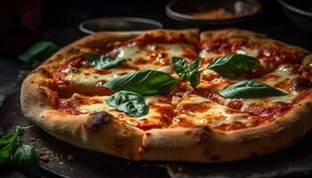 AI generated Freshly baked pizza on rustic wooden table, a slice of heaven generated by AI photo