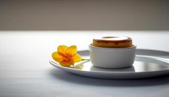 AI generated Fresh coffee cup on table, surrounded by nature elegance generated by AI photo