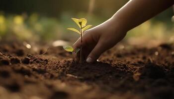 ai generado humano mano participación un pequeño planta de semillero, simbolizando nuevo vida y crecimiento en naturaleza generado por ai foto