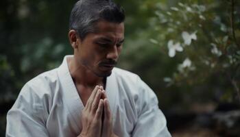 ai generado joven hombre meditando al aire libre, ojos cerrado, manos abrochado, sereno y enfocado generado por ai foto