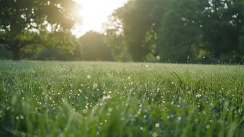 AI generated Sunrise Dewdrops Glisten on Fresh Green Meadow in Soft Natural Light photo